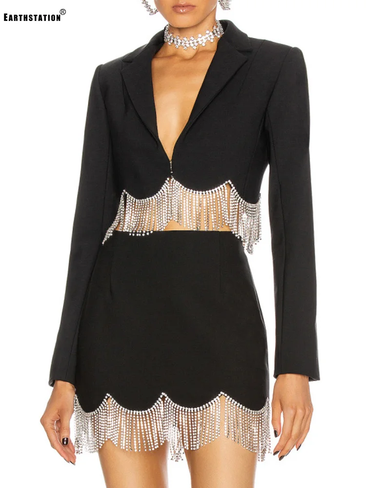 Тяжелая работа бриллианты цепочки кисточки воротник костюма короткое пальто