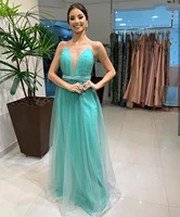 2021 evening dress mint green sexy deep v neck floor length spaghetti strap women formal gowns sleeveless tulle special occasion