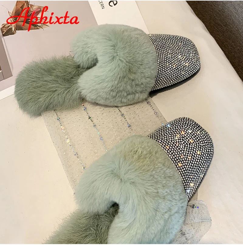 Aphixta/теплые зимние тапочки на натуральном меху; женские шлепанцы с украшением в виде кристаллов; женские пушистые тапочки; женская обувь на плоской подошве с кроличьим мехом
