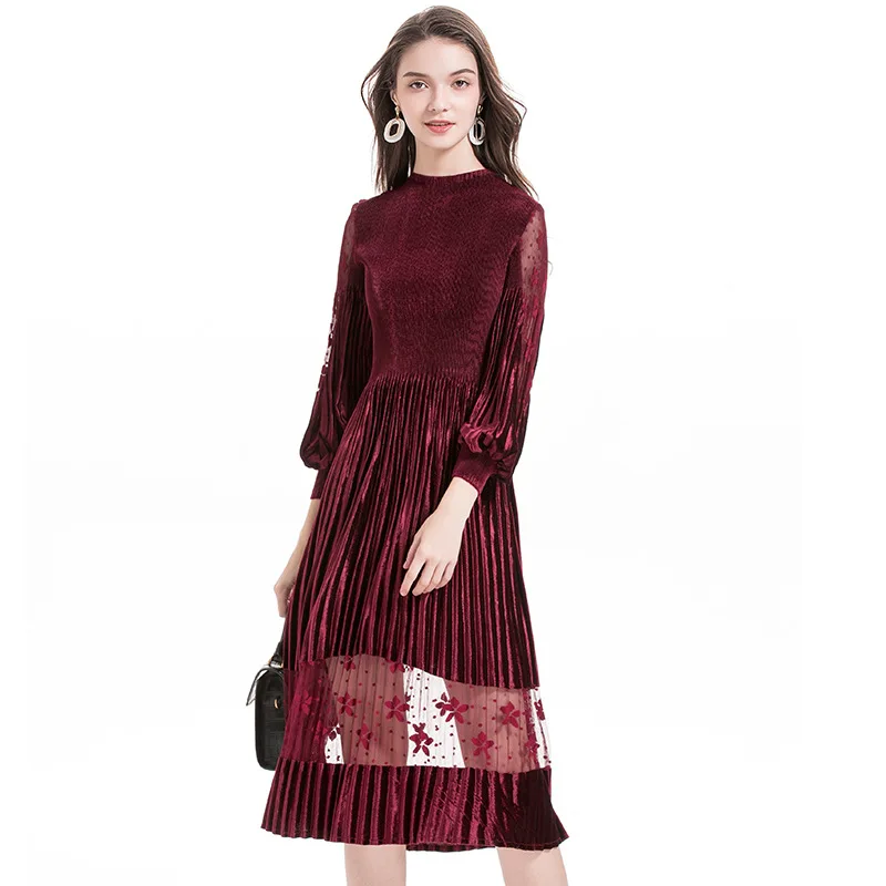 

Женское осеннее однотонное платье миди, плиссированное бархатное вечерние миди с воротником-стойкой и сетчатыми рукавами, вечернее платье