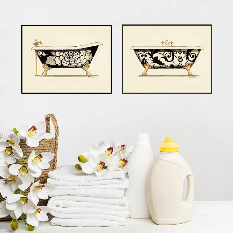 

Bathroom Bathtub Art Prints Vintage Flower Pattern Tub Washroom Wall Decor Retro Toliet Shower Room Picture Painting HD2568