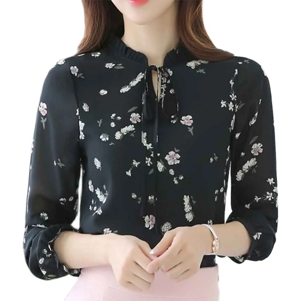 Модная шифоновая рубашка летние женские Топы с длинным рукавом и круглым вырезом