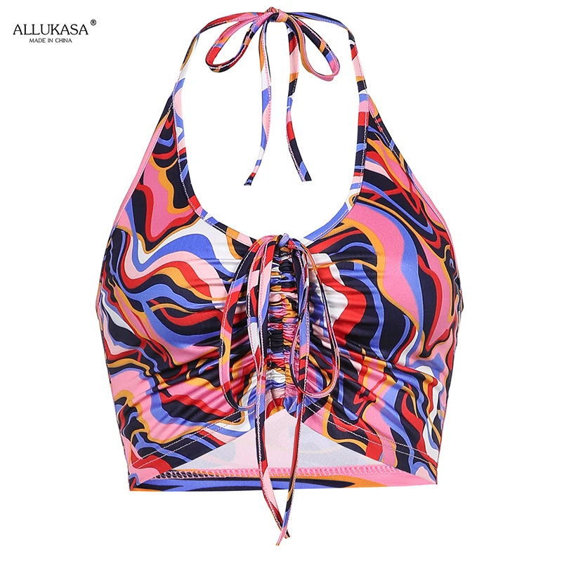 

Allukasa Paisley Crop Top Ruched Tie Up Y2k Camis V Neck Halter Top Women 2021 Summer New Corset Top Harajuku Tank Top Cute 90s