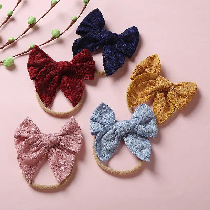 

Bows Nylon Headband for Baby Girls Floral Embroided Elastic Hairbands Cute Children Hair Accessories Kids Headwear Wholesale