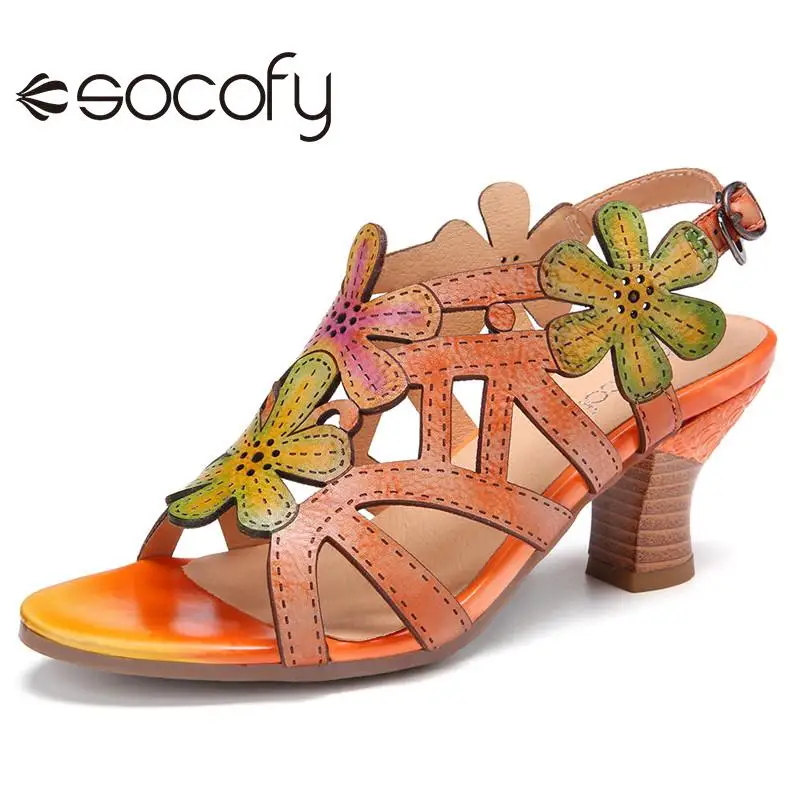 

SOCOFY Women Leather Sandals Floral Hollow Buckle Slingback Mid Block Heel Shoes Mid Heel Chunky Heel Casual Sandals 2020