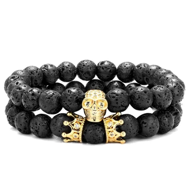 

2pcs/lot 8mm skull crown gold silver copper cz zircon cubic zirconia beads bohemian Bracelet agate Onyx Stone Bangles fc343