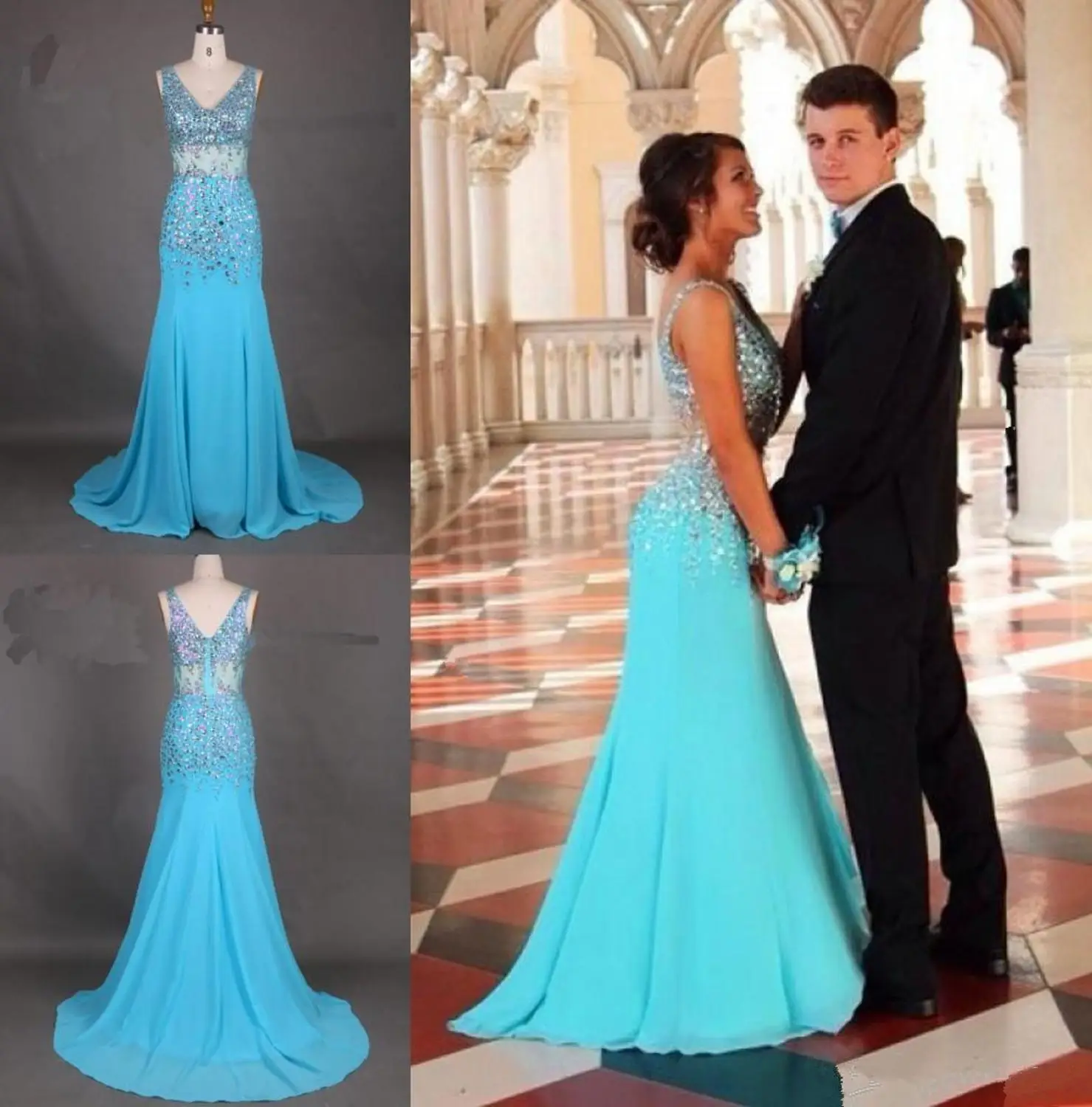 Высококачественное сексуальное синее вечернее платье без рукавов с v-образным