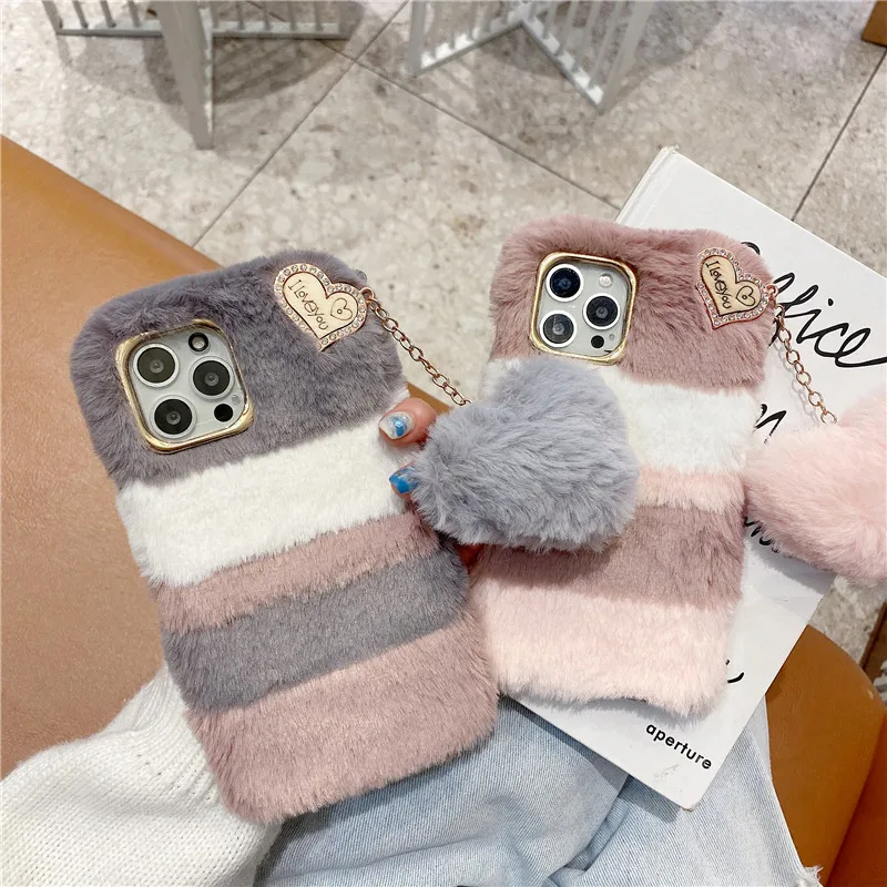 Love Heart Pendant Phone Case For Samsung A51 A71 A12 S21 S20 Note 20 Ultra A02S A32 A42 A52 A72 Rabbit Plush Furry Fluffy Cover