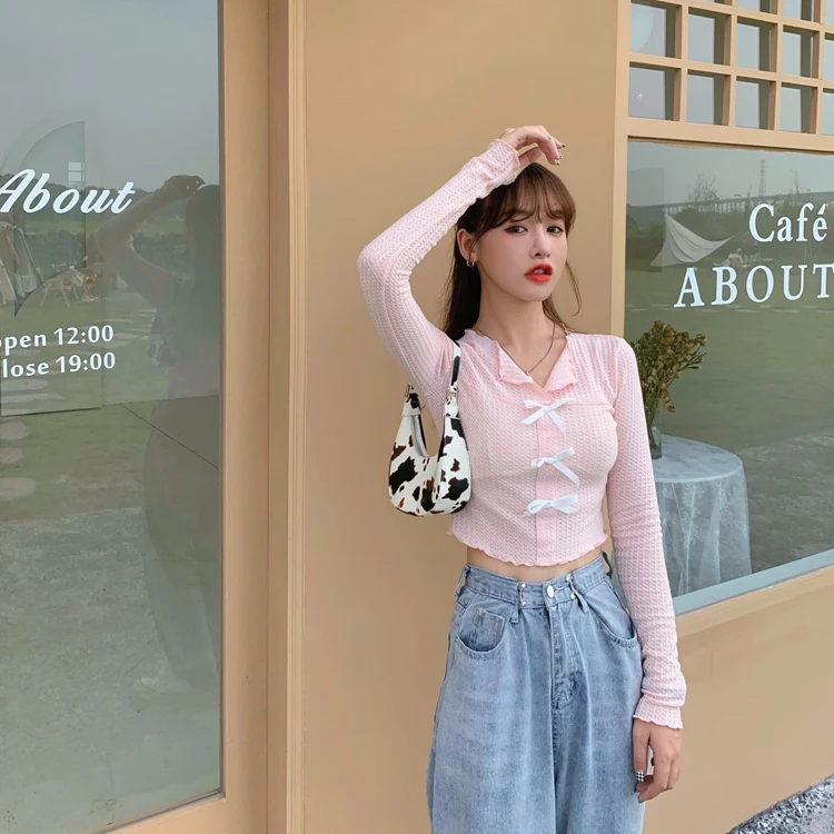 

Patchwork Bow Turn-down Collar Tees New Spring Autumn Slim Solid Long Sleeve T-shirts Women's Clothing Hipster Korean Crop Top