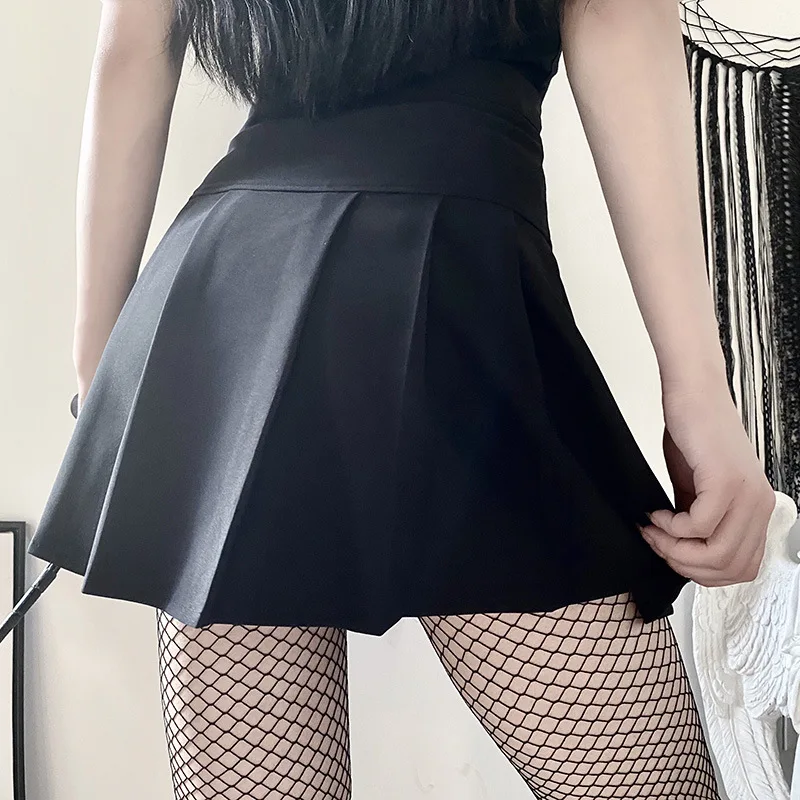 

Fashion Women Skirt Mini Pleated Skirt Punk Style High Waist Solid Color Zipper Front A-Line Short Skirt Streetwear