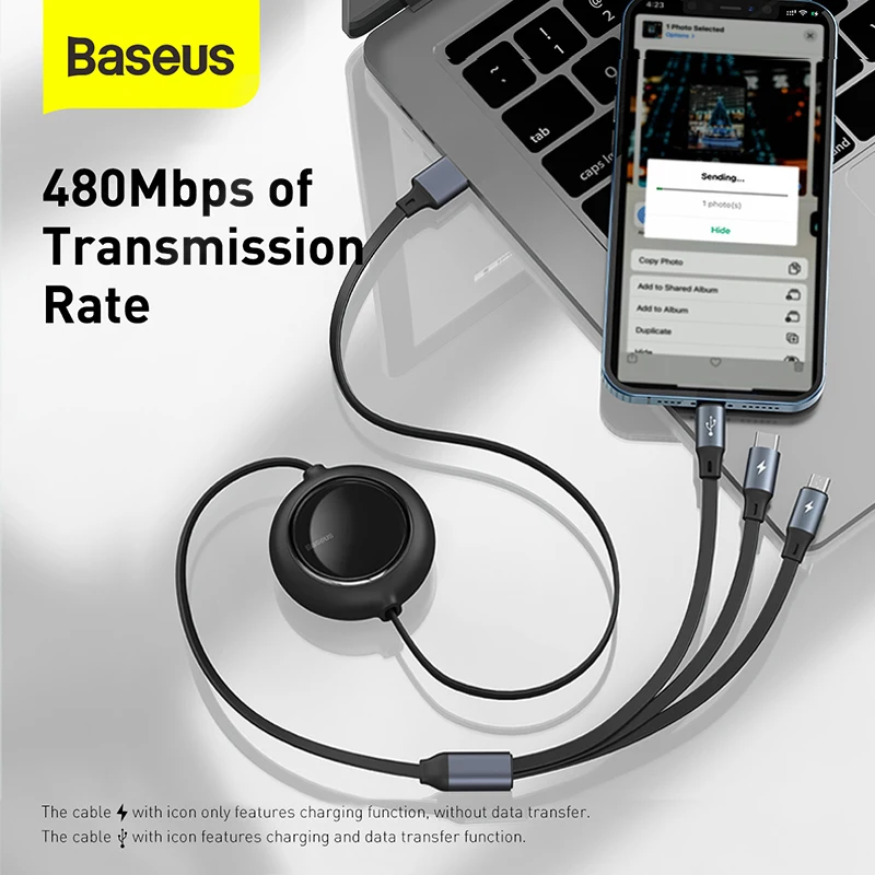 USB кабель Baseus 3 в 1 для iPhone 12 Pro Type C быстрая зарядка Samsung Huawei Xiaomi Mi выдвижной Micro