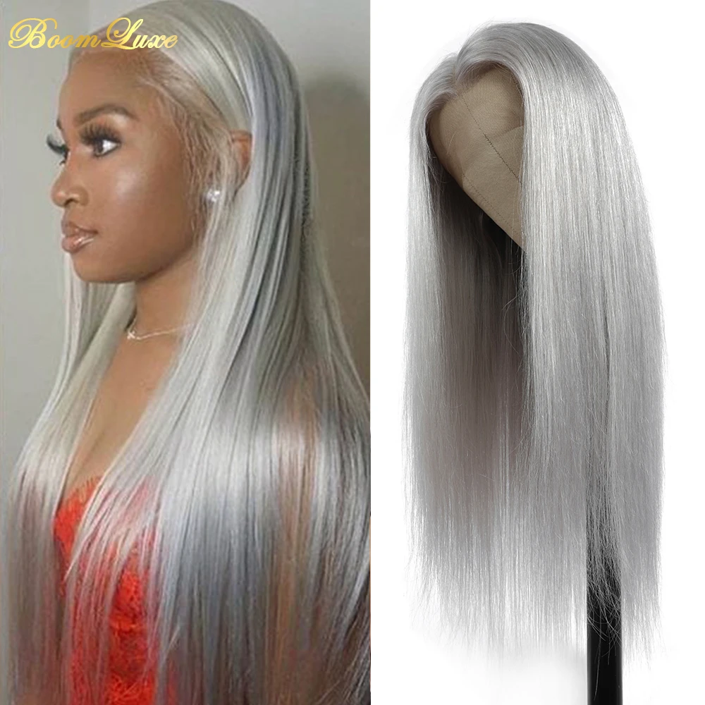 Grey Wigs Straight Hair 13x4 Transparent Lace Front Wigs 150% Density Brazilian Remy Human Hair fo Black Woman