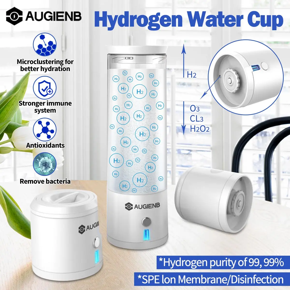 

AUGIENB SPE PEM Hydroge Rich Water Bottle 300ml Ionizer Generator Maker Energy Cup BPA-free Anti-Aging Rechargeable Healthy Gift