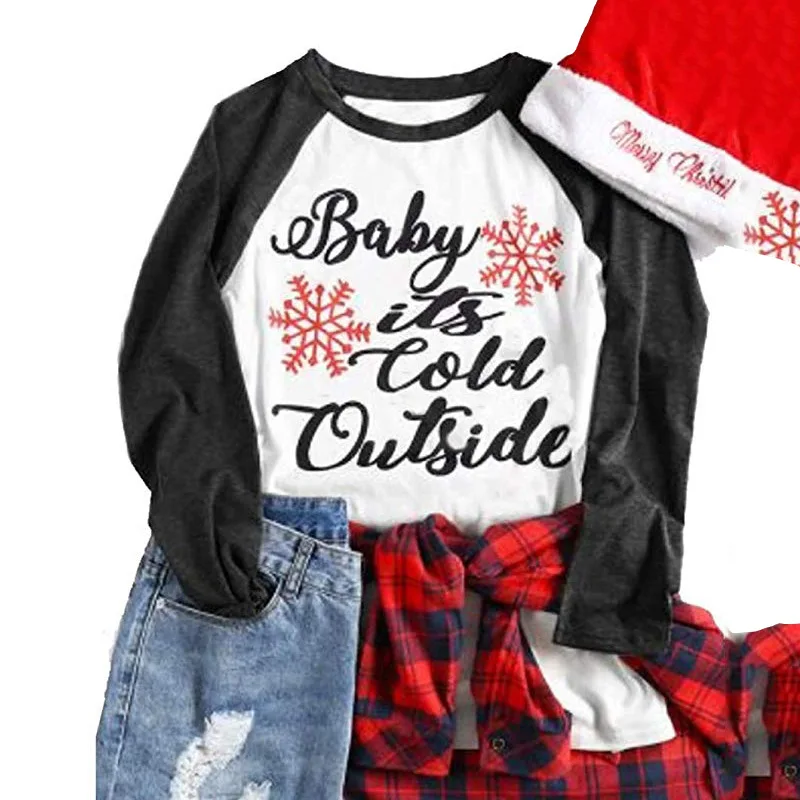 08 Новинка, модные женские футболки с надписью «Merry Christmas», лоскутные Футболки с длинным рукавом, футболки размера плюс S-XXL 3XL - Цвет: 08