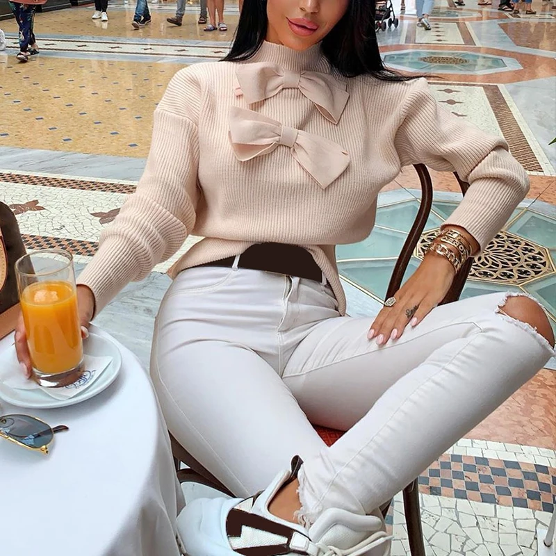 Розовый вязаный зимний свитер с галстуком-бабочкой женский модный джемпер