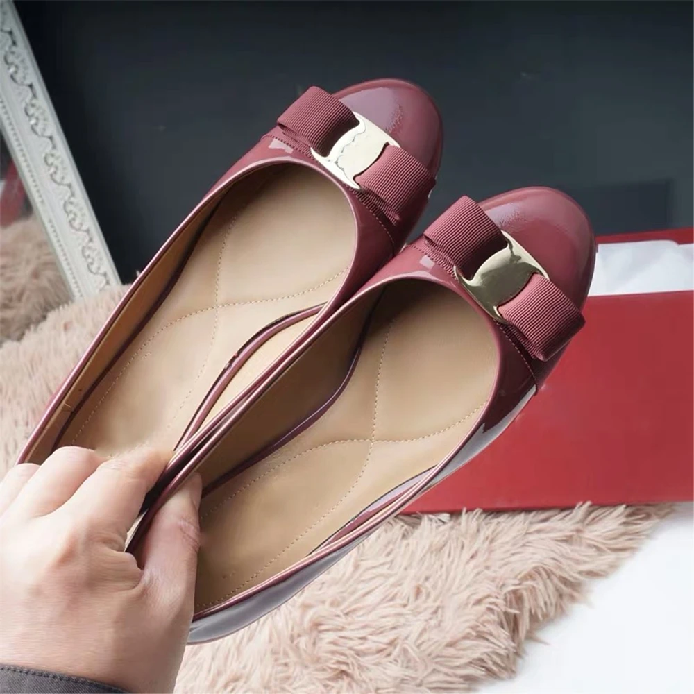 Purple red Flats Junetxin/Женская обувь наивысшего качества обувь ручной работы из натуральной кожи на каблуке г., Классическая Брендовая обувь с круглым носком - Цвет: Purple red Flats