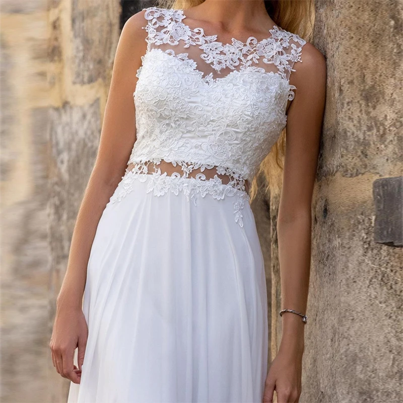 MoonlightShadow Elegant Wedding Dresses A-Line O-Neck Sleeveless Chiffon Lace See Through Beach Bridal Gowns Свадебное платье