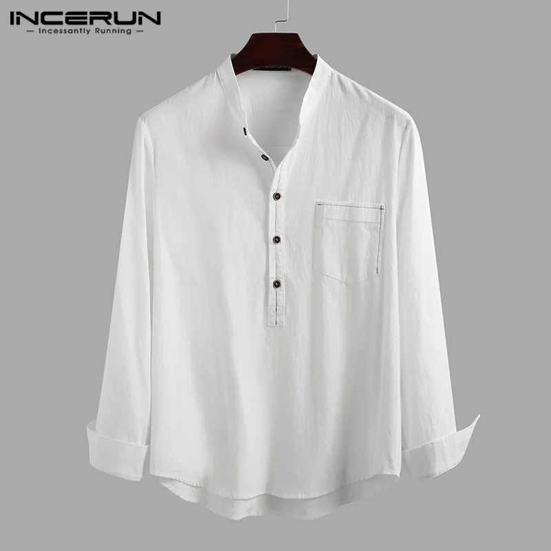 incerun mens casual shirt cotton solid color long sleeve blouse chic stand collar fashion handsome tops 2021 streetwear camisas free global shipping