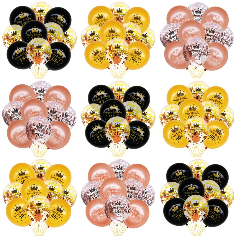 

10pcs 12 Inch Black Gold Crown Sequined Balloons /18 21 30 40 50 Anniversary Adult Birthday Party Room Background Decoration