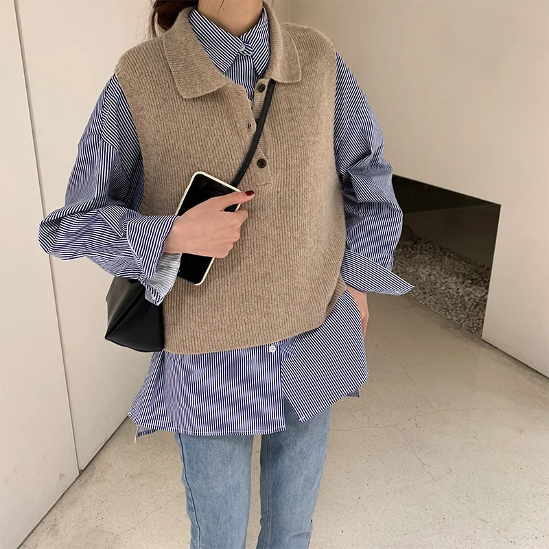 Sleeveless Pullover Vest Women Turn-down Collar Button Up Knitted Sweater Waistcoat Female 2019 Korean Autumn Clothes | Женская одежда