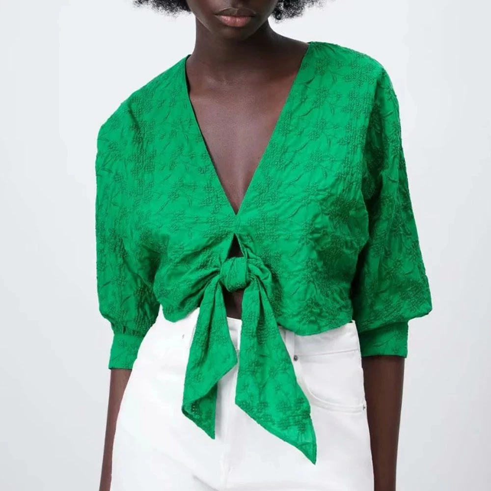 

Женские укороченные блузки с вышивкой и узлом, винтажные рубашки с длинным рукавом и V-образным вырезом, шикарные топы, 2021