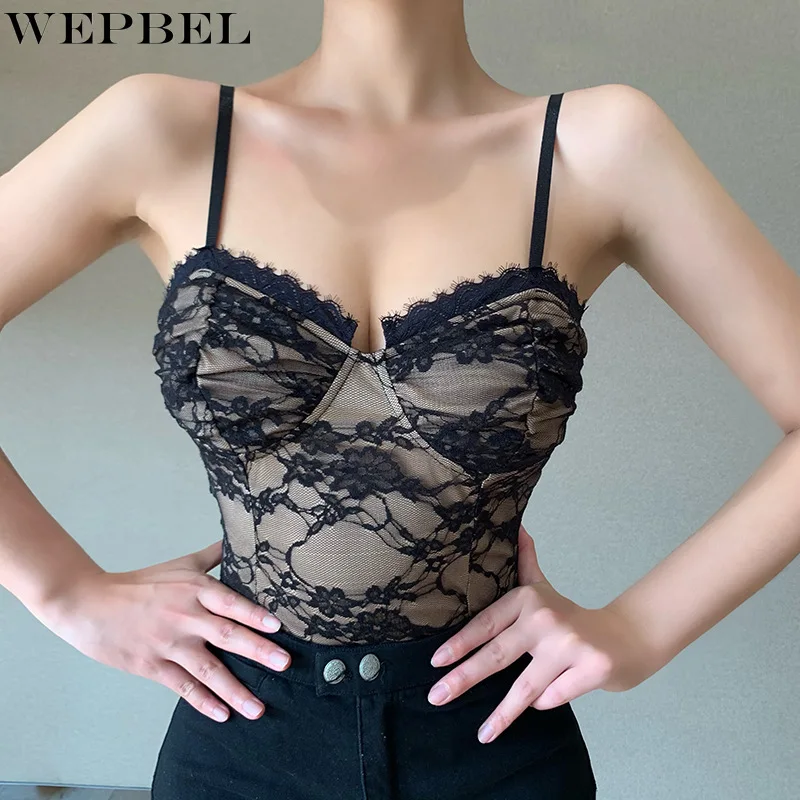 

WEPBEL Women's Sexy Slim Fit V-neck Lace Stitching Bodysuits Spring and Summer Fashion Backless Spaghetti Strap Bodysuits