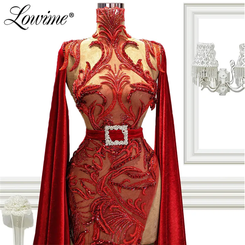 Lowime Elegant Dubai Evening Dresses Long Capped Sleeves Party Dress Mermaid Velvet Prom Gowns Beaded Vestidos Evening Wear Robe