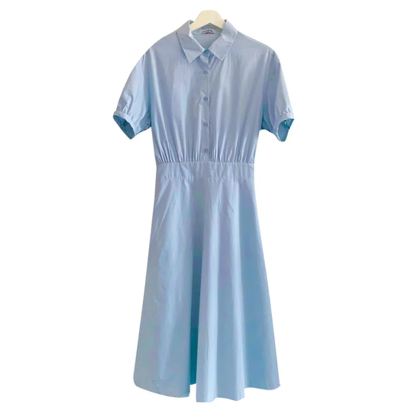 

Summer New French Style Retro Waist-Controlled Puff Sleeve Mid-Length Polo Collar Shirt Dress fafa_ootd