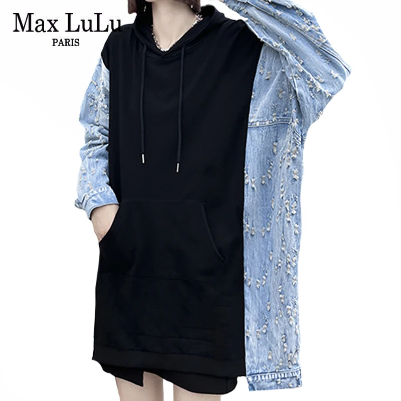 Женская толстовка с капюшоном Max LuLu черная джинсовая Толстовка длинным рукавом и