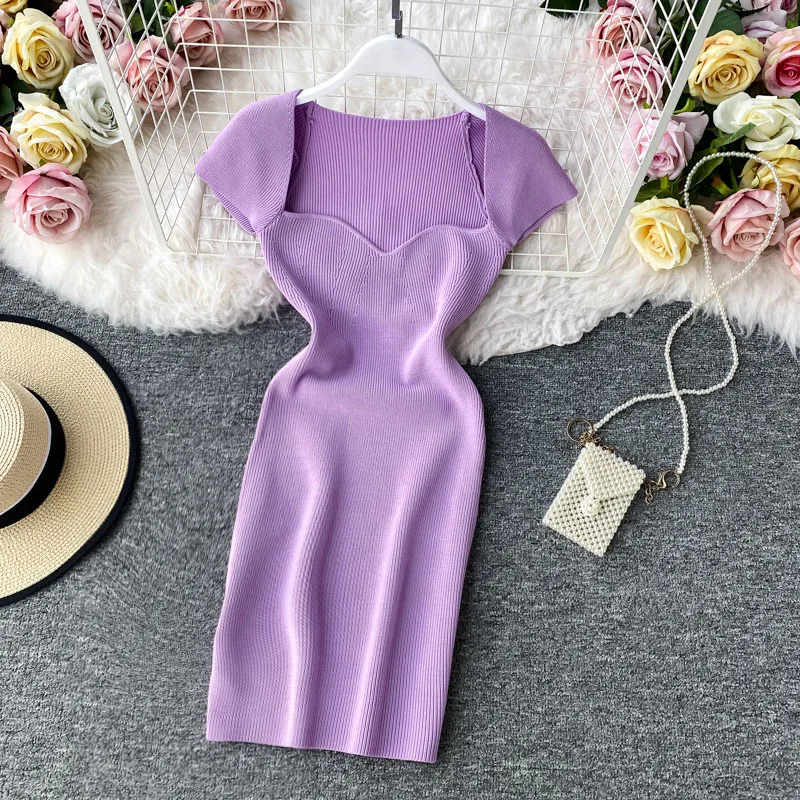 Женское трикотажное платье с коротким рукавом элегантное винтажное облегающее