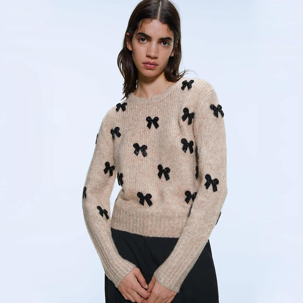 ZA 2019 вязаный свитер с бантиком осенний и зимний женский пуловер длинными