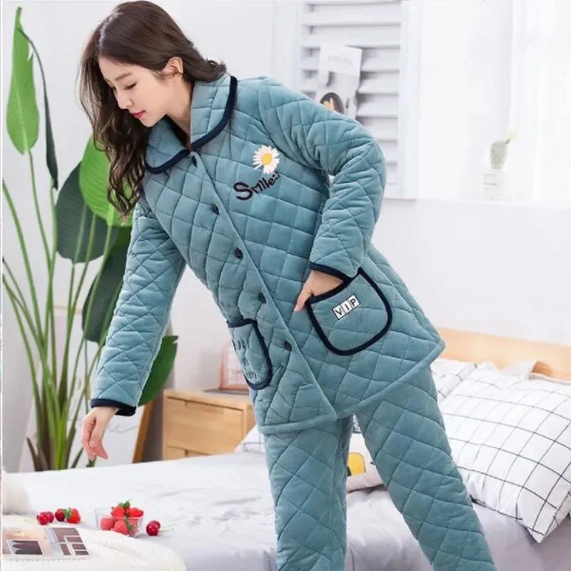 Pajamas Women 2021 Winter Three-Layer Thick Coral Fleece Quilted Jacket Korean Style Cute Warm Velvet Ladies Home Service Suit