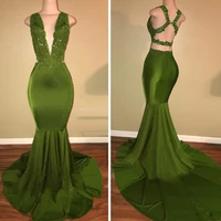 2021 african olive green mermaid prom dresses satin beaded lace appliqued sweep train arabic evening party gowns robe de soriee