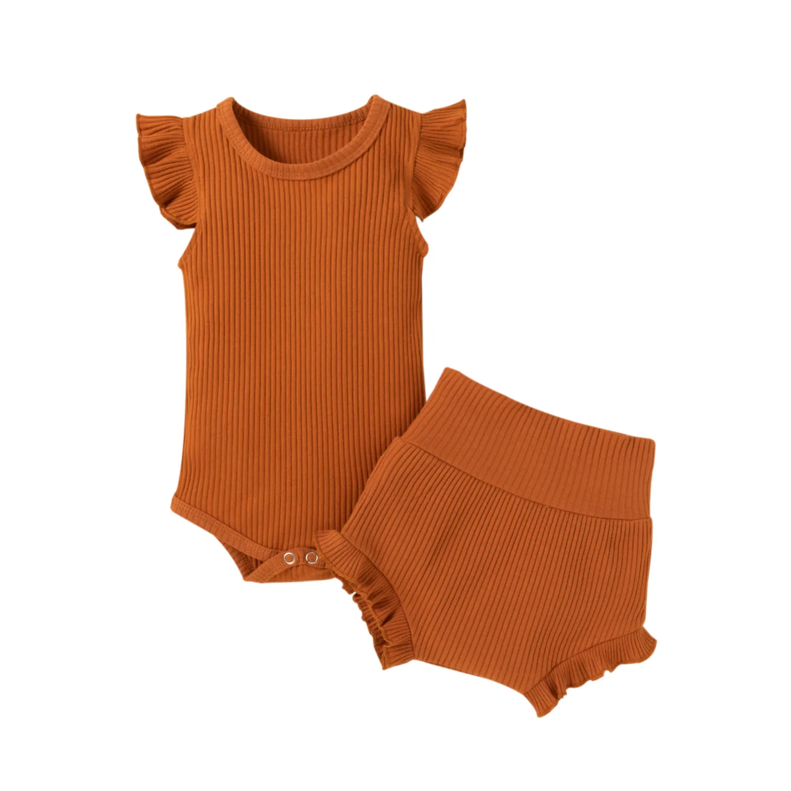 

3-18 месяцев, Одежда для новорожденных и маленьких девочек, летние однотонные ребристые комбинезон с оборками комплект с шортами Детский Пов...