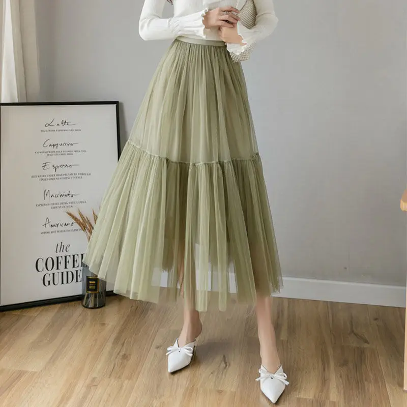 

Skirt Long Puff Long Skirt High Waist Mesh A- line Pleated Skirt Women's Woman Skirts Mujer Faldas Saias Mulher