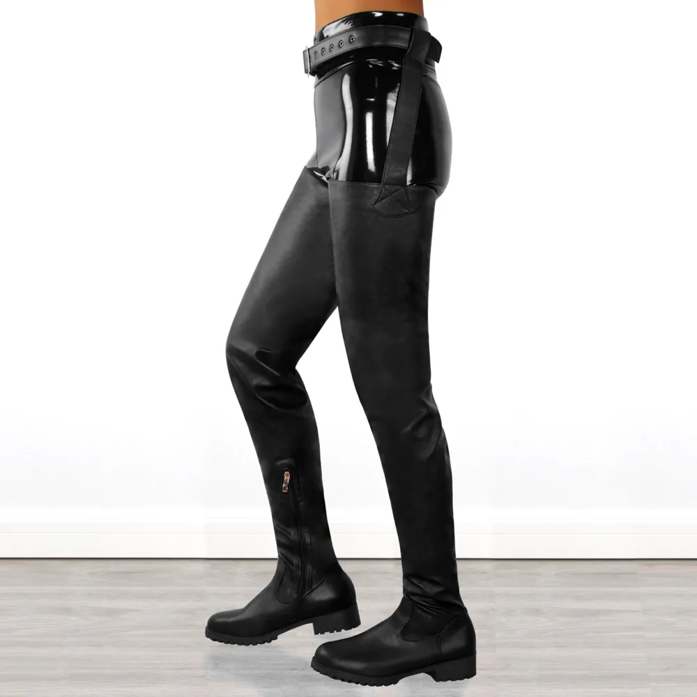 Lady Sexy Black Long Belt Botas Over The Knee Thigh High Boots Women Round Toe Flat Bottom Side Zipper Plus Size Winter Shoes | Обувь