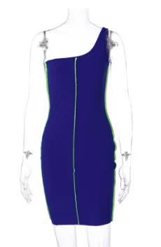 

2020 summer ladies one-shoulder mini dress solid color line stitching dress one-shoulder diagonal dress