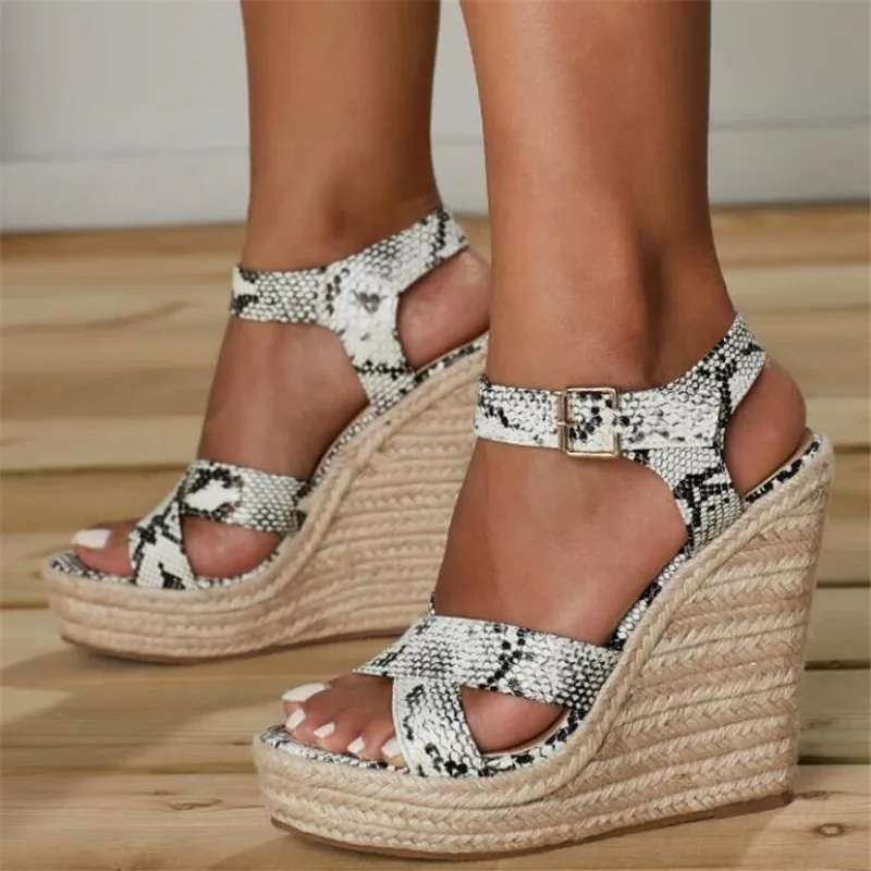 

women sandals pu Buckle Strap 14CM Wedges High heels Round Toe Shallow Serpentine women shoes sandalias mujer 2020 size 35-42