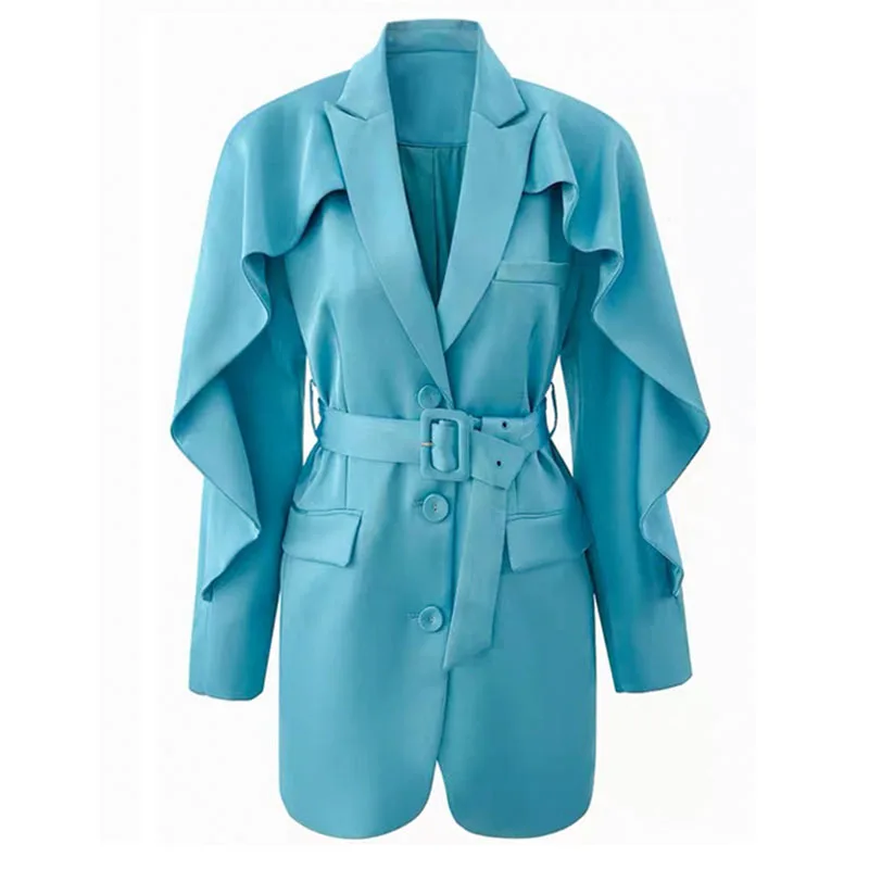 

DEAT Women Blue Patchwork Without Belt Single Breasted Blazer New Notched Flying Sleeve Slim Jacket Fashion Summer 2021 7E1096