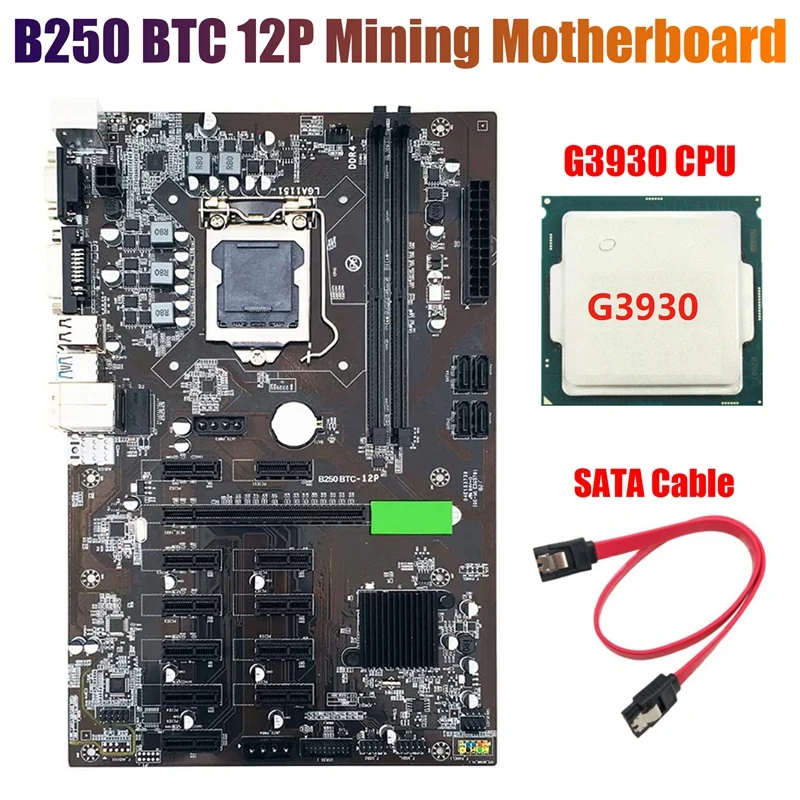 

B250 BTC Mining Motherboard with G3930 CPU+SATA Cable LGA 1151 DDR4 12XGraphics Card Slot SATA3.0 for BTC Miner Mining