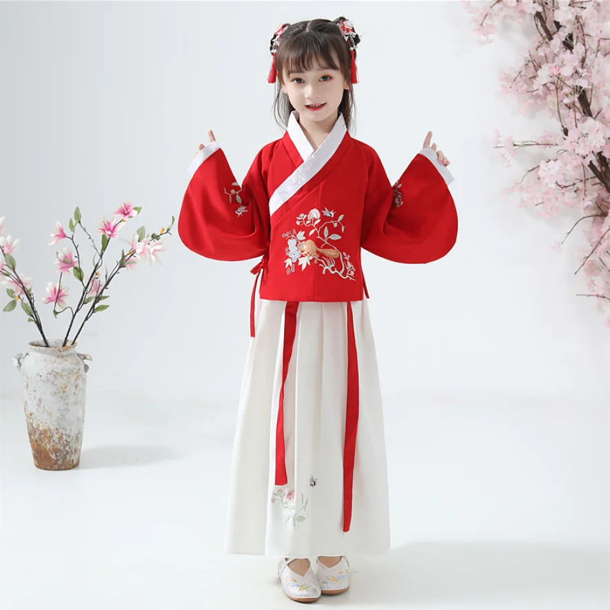 

Детский костюм Hanfu для девочек на весну и осень, супер сказочный костюм в китайском стиле с юбкой для выступлений