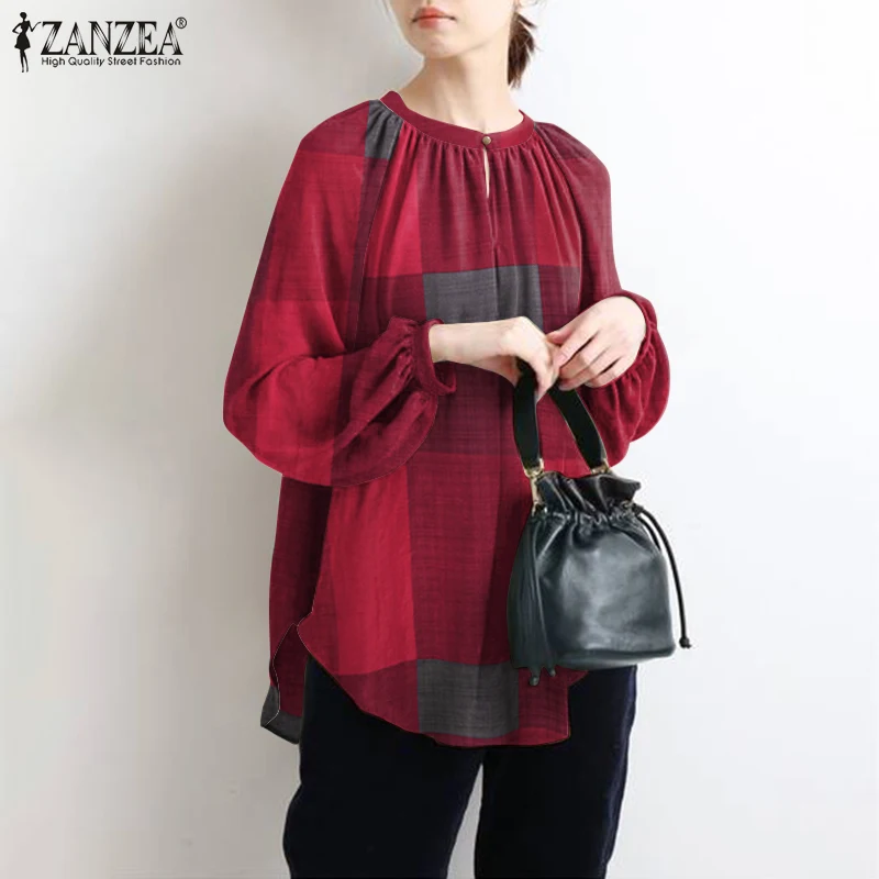 

Women Vintage Plaid Checked Blouse Autumn Shirt ZANZEA Casual Long Sleeve Loose Tunic Tops Female Retro Work Blusas Oversize