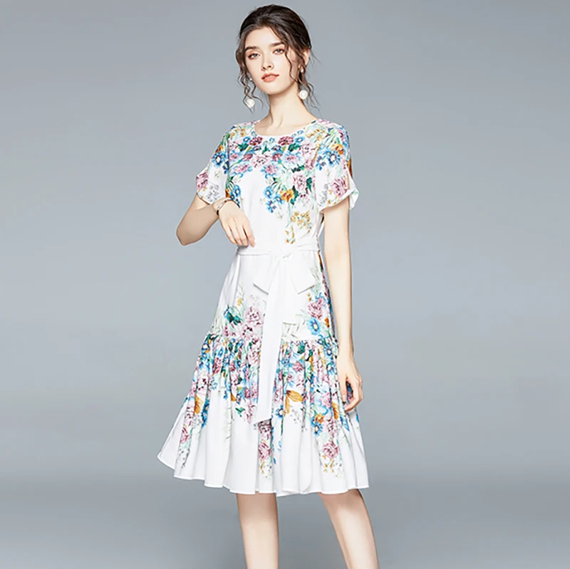 

2021 High Quality Fashion Elegant Dress Midi Floral Print Puff Sleeve Dress Women Office Designer Runway Dresses Lady Robe Femme