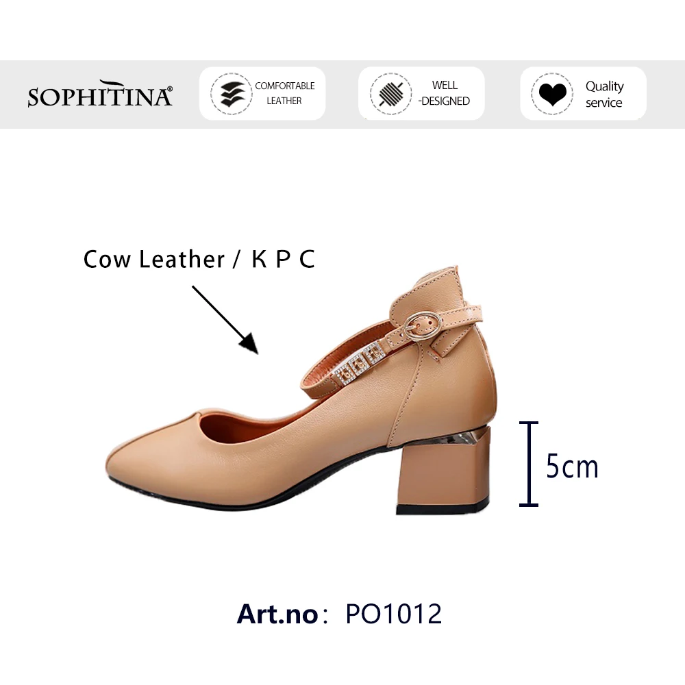 

SOPHITINA Pumps Woman Mary Janes Shallow Genuine Leather Round Toe Buckle Strap Med Square Heel Office Lady Shoes PO1012