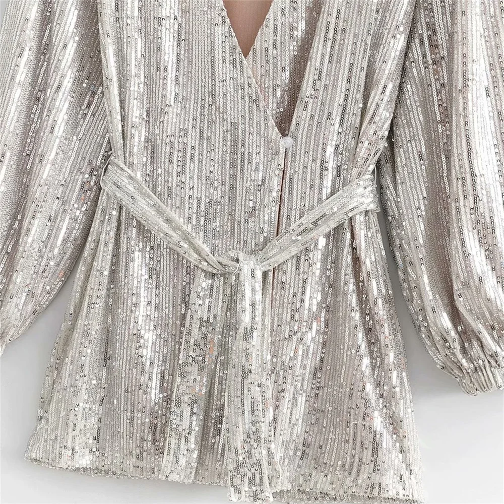 Женское короткое платье с V образным вырезом длинным рукавом и бусинами|Женские