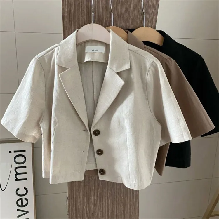

Summer New Women Casual Notched Single Breasted Short Blazers Office Lady Short Sleeve Solid Color Buttons Coats