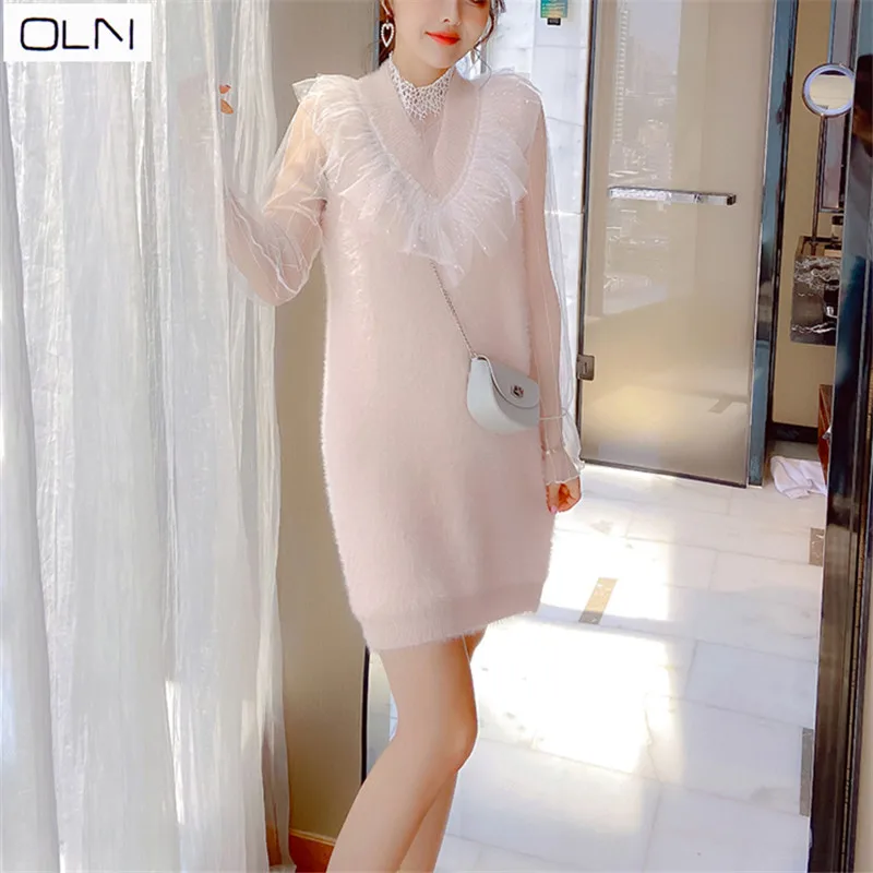 Осень Зима OLN корейский новый оптовый мохер шить бутон шелковое газовое платье