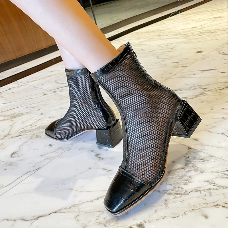 

ZVQ Fashion Woman New Style summer Sandals boots Solid color Genuine Leather hollow Gauze Comfortable zipper Square Toe