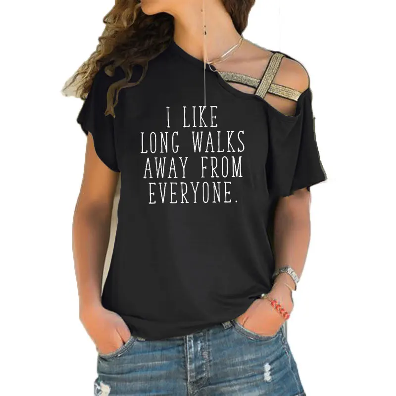 

I like long walks away from everyone t shirt slogan women fashion grunge tumblr aesthetic tees Irregular Skew Cross Bandage top