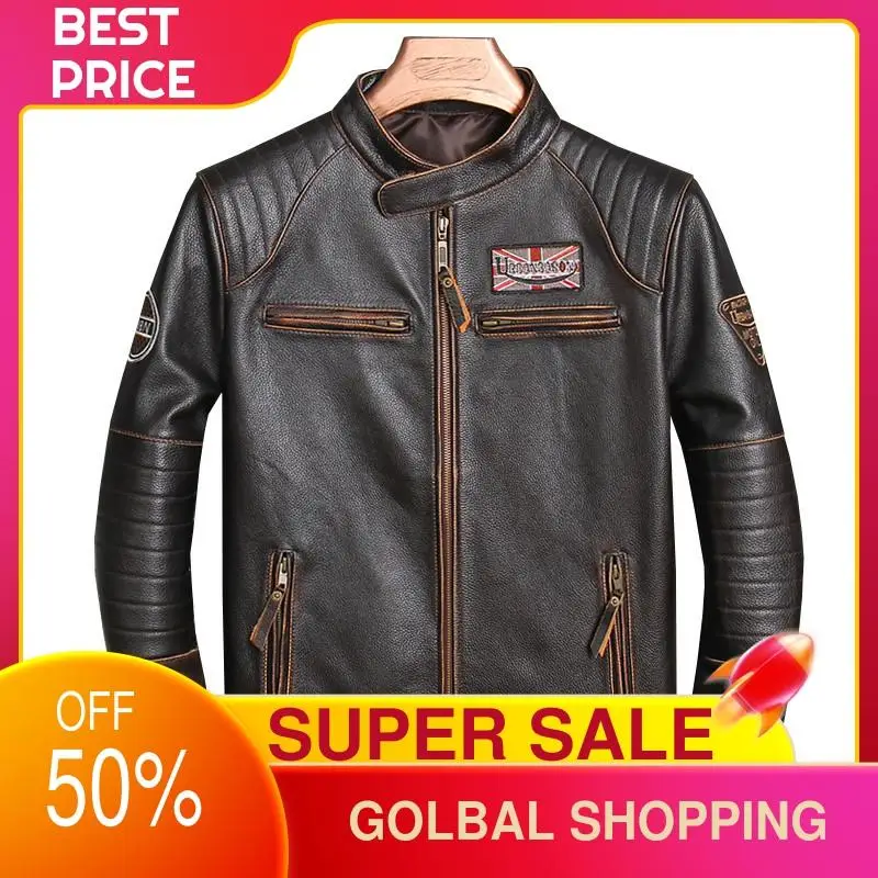 

2021 Vintage Brown Motorcycle Style Genuine Leather Jacket Men Stand Collar Plus Size 4XL Real Natural Cowhide Autumn Biker Coat